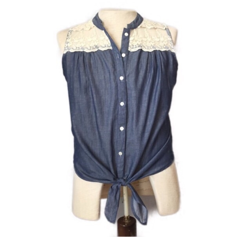 Women's Blue Sleeveless Top with Lace Detail